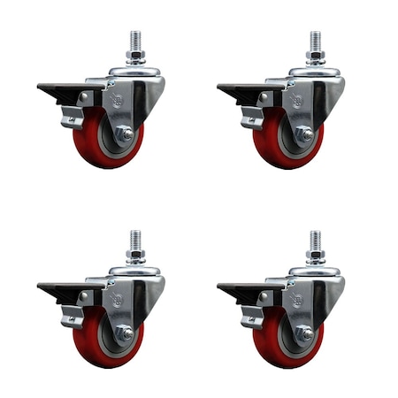 Service Caster 3 Inch Red Polyurethane 10 MM Threaded Stem Caster Set with Brake SCC-TS20S314-PPUB-RED-PLB-M1015-4